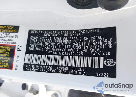 2017 Toyota Camry Se из США, поврежденный, VIN 4T1BF1FK3HU401225